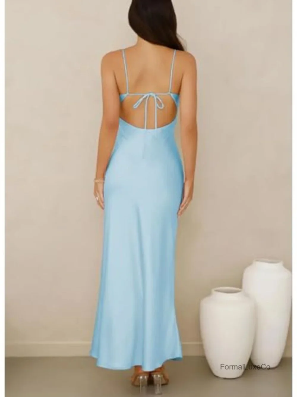 Satin Midi Dress Spaghetti Strap V Neck Backless Tie Back Cocktail